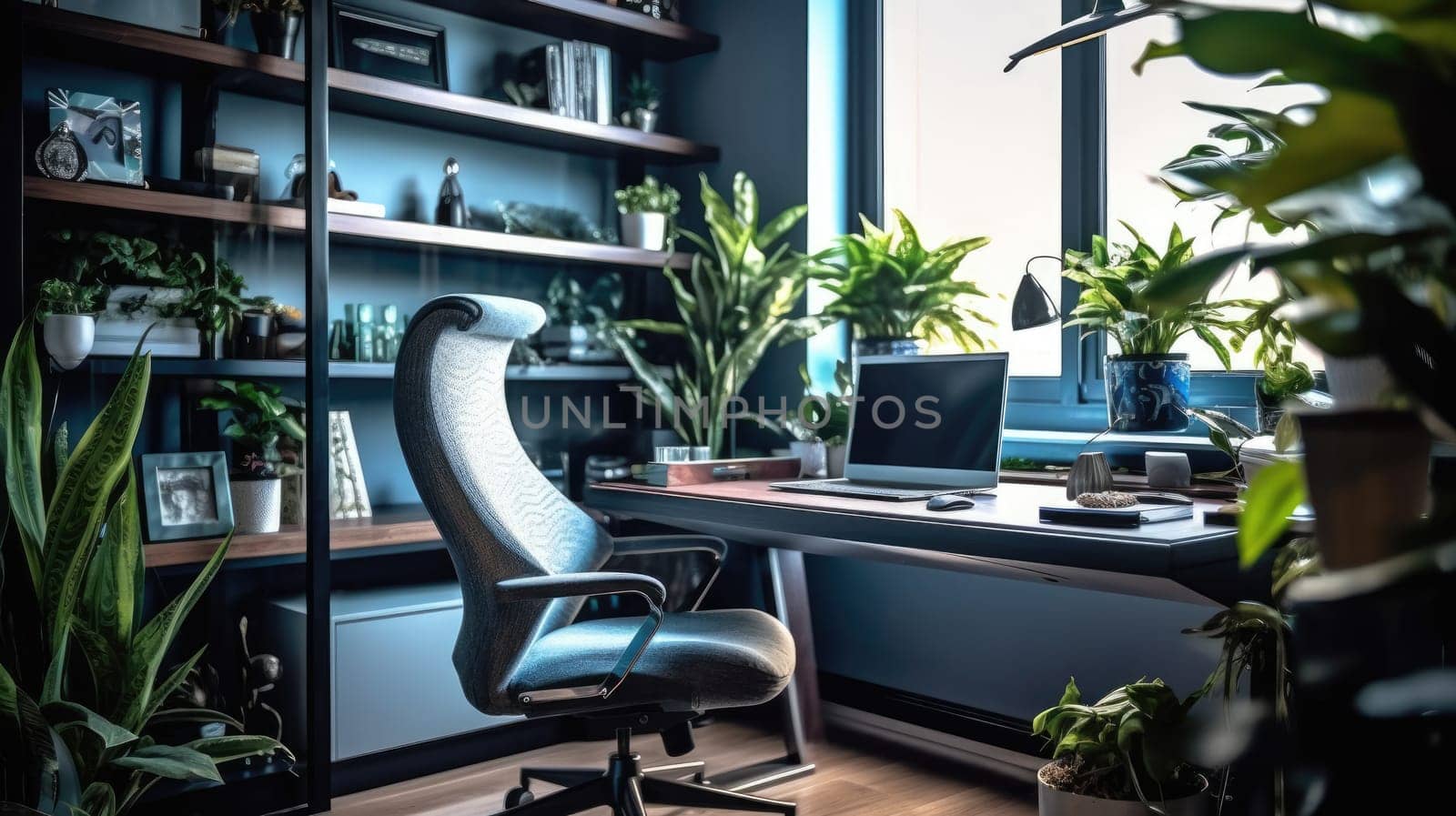 Inspiring office interior design Modern style Home Office featuring Statement desk architecture. Generative AI AIG 31.