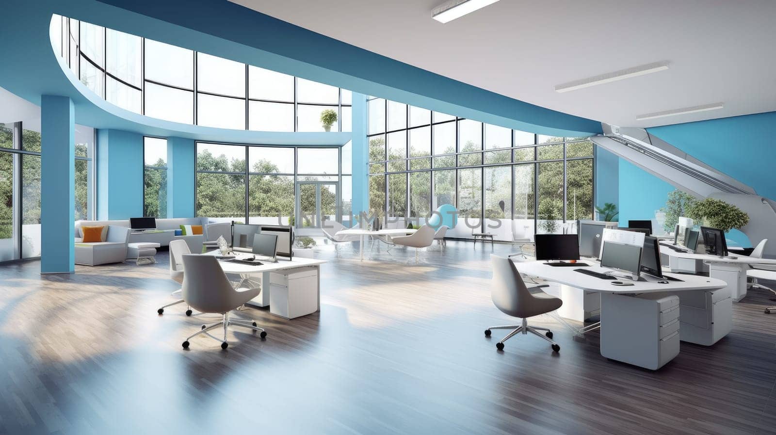 Inspiring office interior design Modern style Corporate Office with Open Space Design featuring Floor-to-ceiling windows architecture. Generative AI AIG 31.