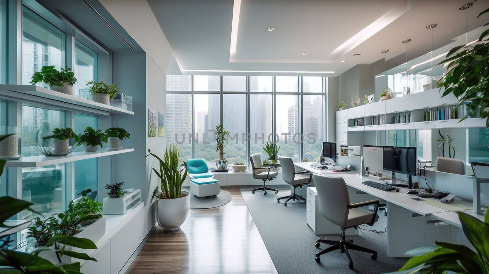 Inspiring office interior design Contemporary style Office featuring Wall of windows architecture. Generative AI AIG 31.