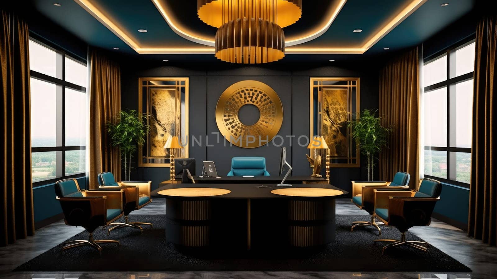 Inspiring office interior design Art Deco style Corporate Office with Open Space Design featuring Opulent aesthetics architecture. Generative AI AIG 31.