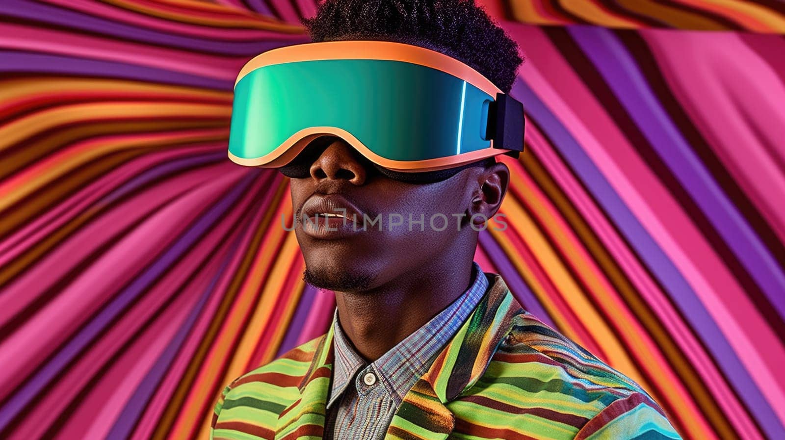 Young male model posing with trendy man fashion outfit and colorful optical art abstract background. Picturesque generative AI