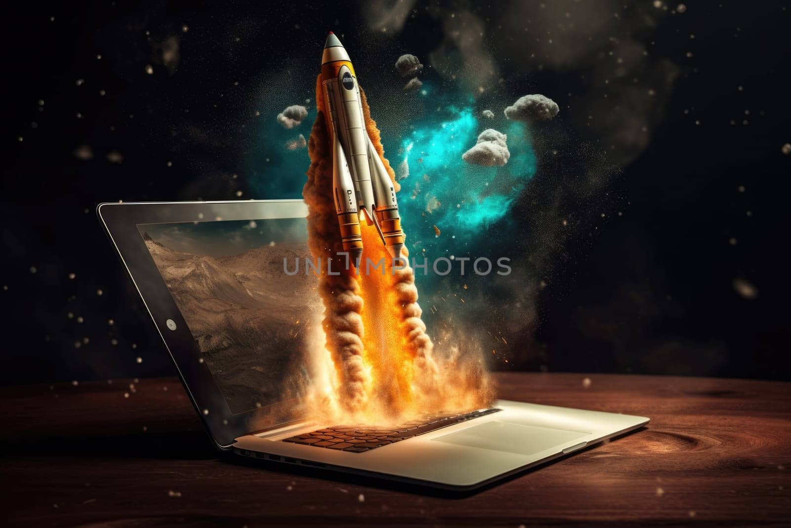 Rocket coming out of tablet screen. beautiful Generative AI AIG32