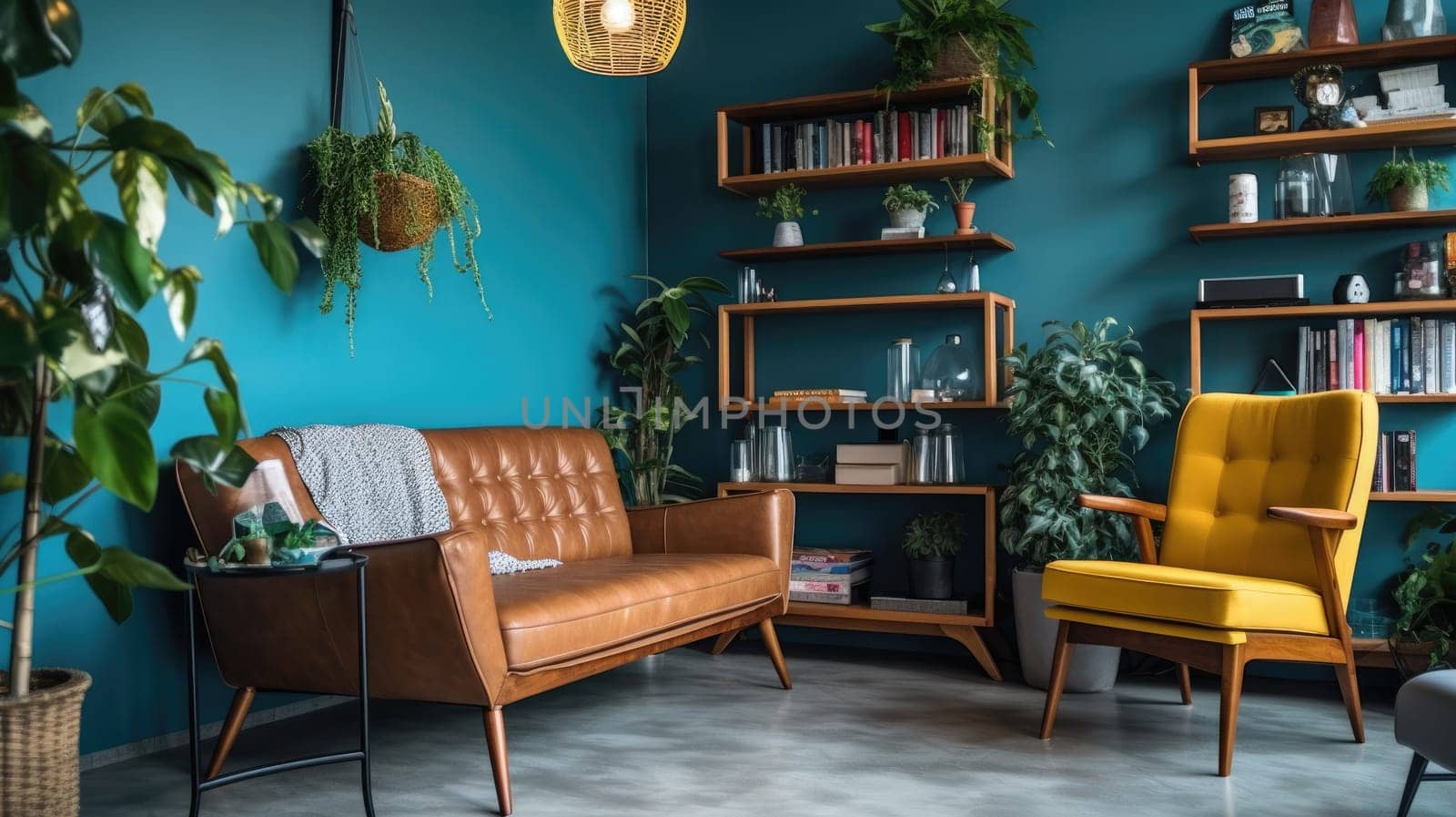 Inspiring office interior design Mid-century style Lounge featuring Retro furniture architecture. Generative AI AIG 31.