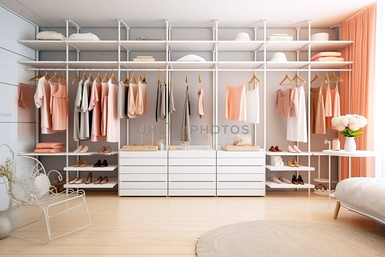 Stylish large, modern dressing room in bright colors. Generative AI. High quality illustration
