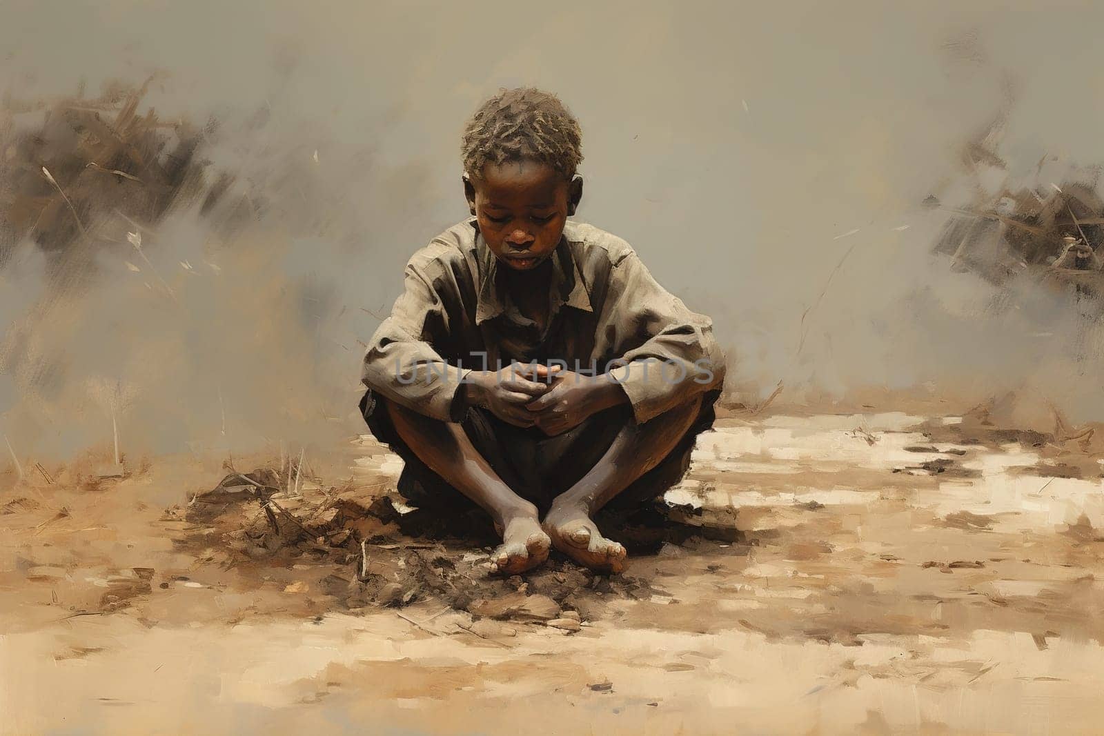 African hungry boy sits on the ground and eats. The concept of starving children in Africa. Generative AI. High quality illustration