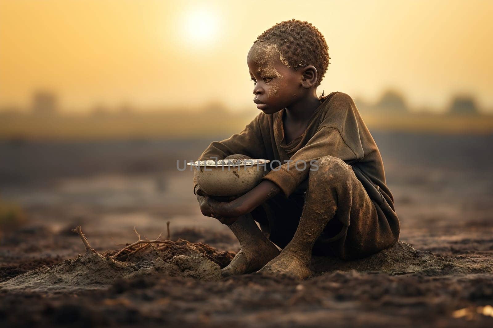 African hungry boy sits on the ground and eats. Generative AI. High quality illustration