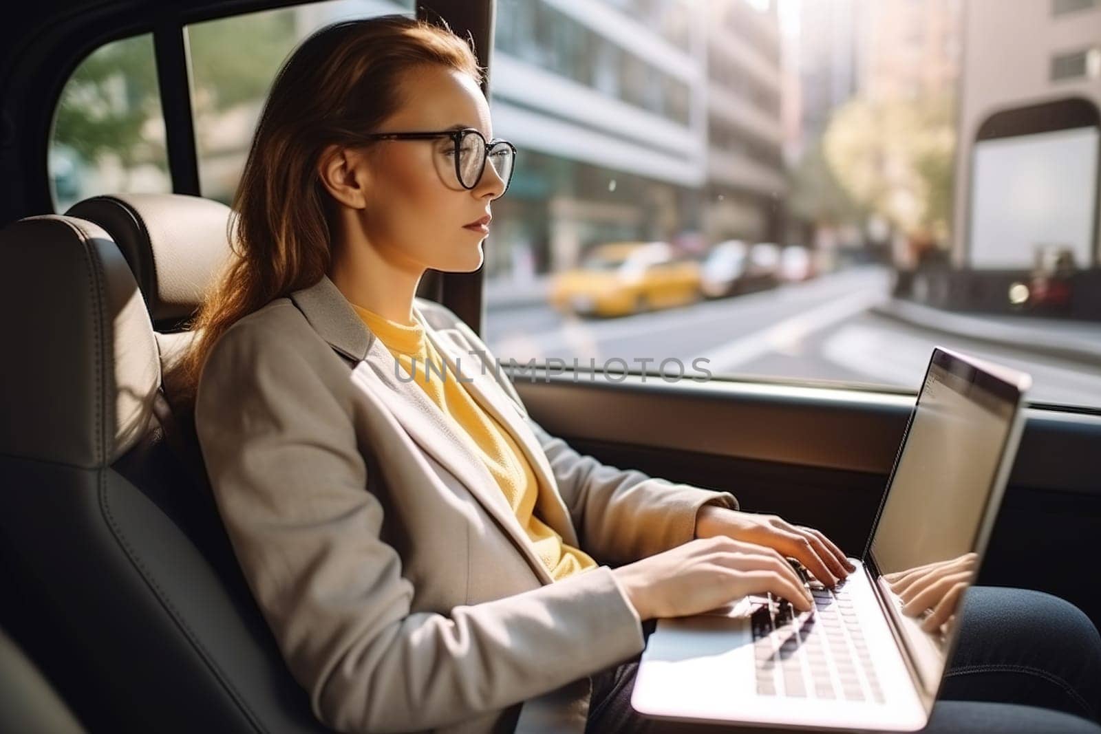 Business lady in a taxi works on a laptop. Generative AI by Yurich32