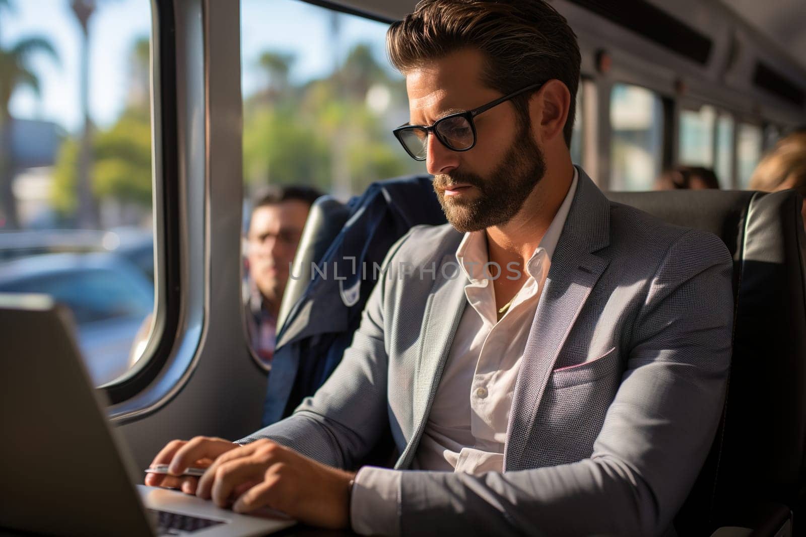 Businessman works in transport on a laptop. Generative AI. High quality illustration