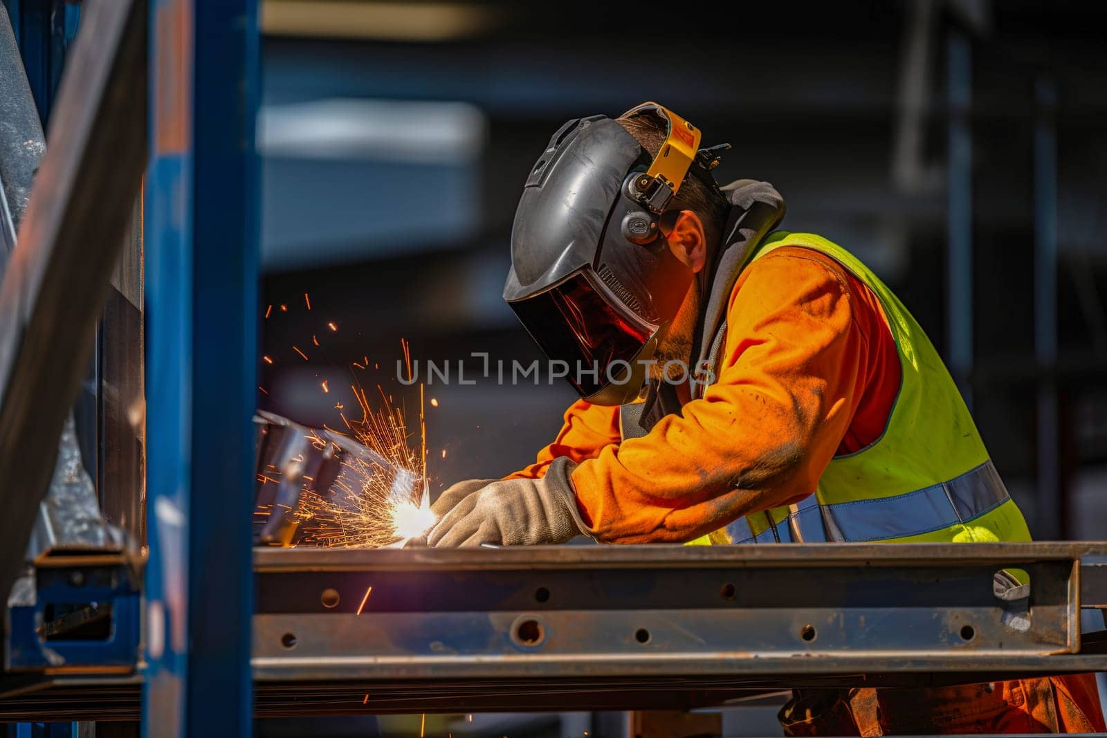 A man-welder fastens iron girders with a welding machine. Construction of the station. Generative AI. High quality illustration