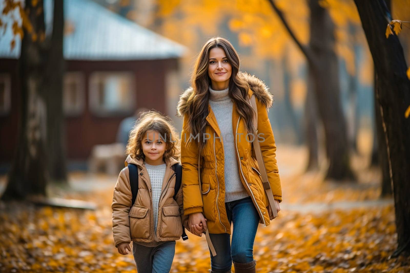 Mom takes the child to school. Generative AI. High quality illustration