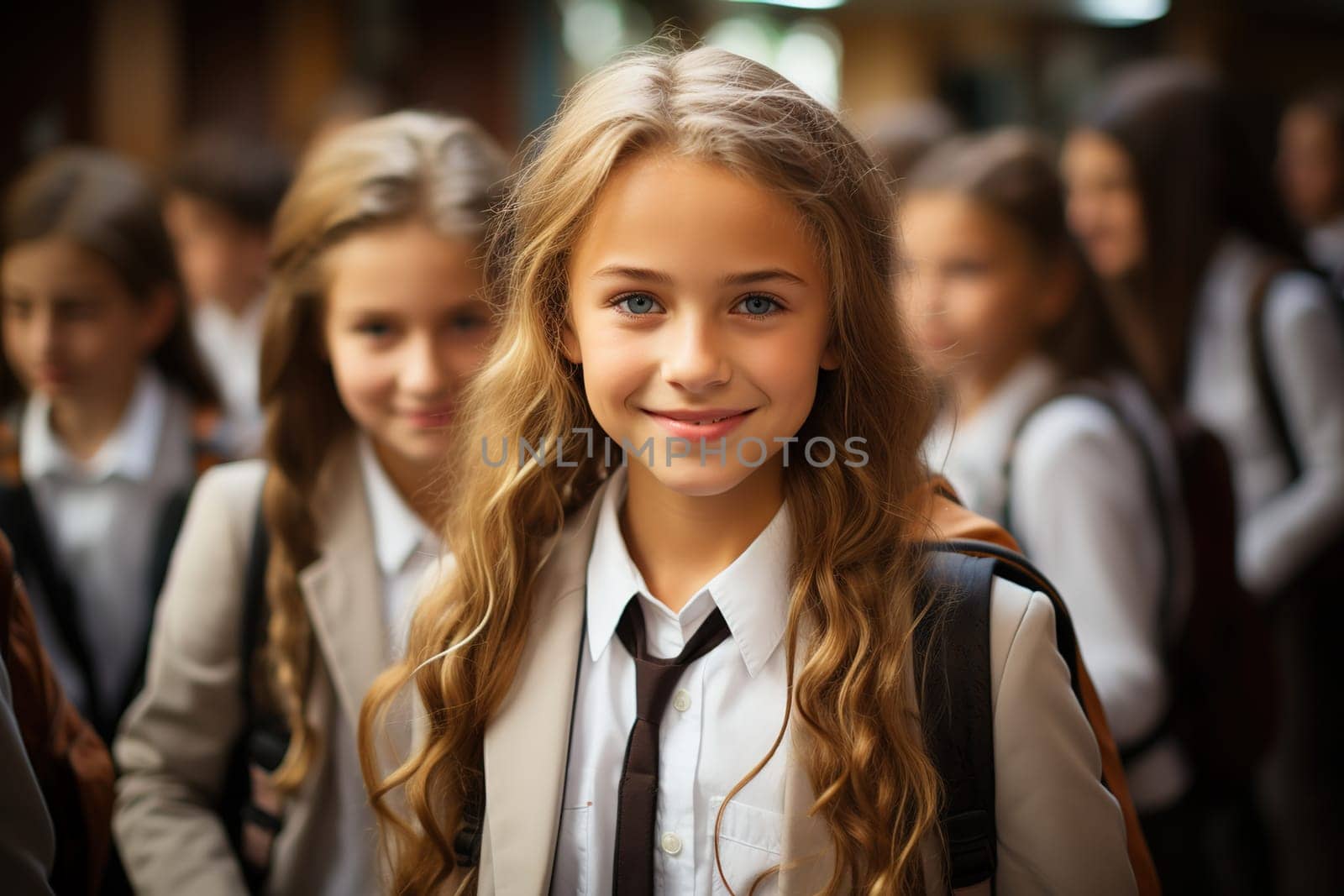 Portrait of girls in school uniform. The girls go to school. Generative AI. High quality illustration