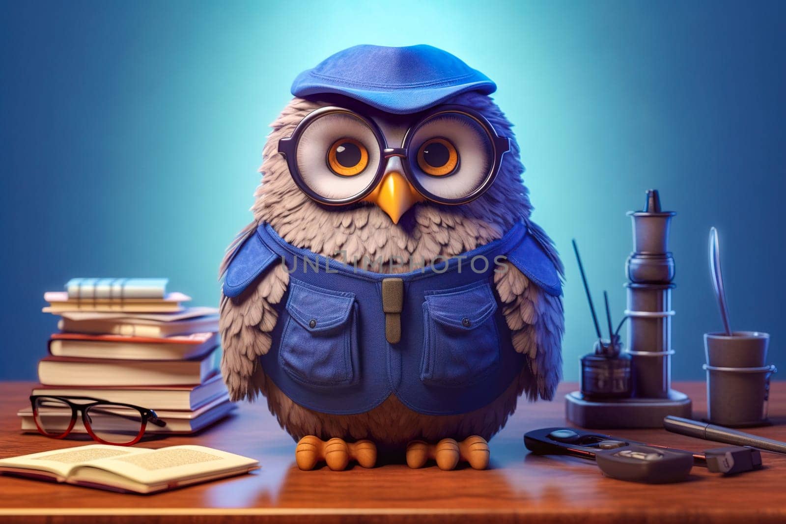 Illustration of an owl with school supplies. The concept of school education. Generative AI. High quality illustration by Yurich32