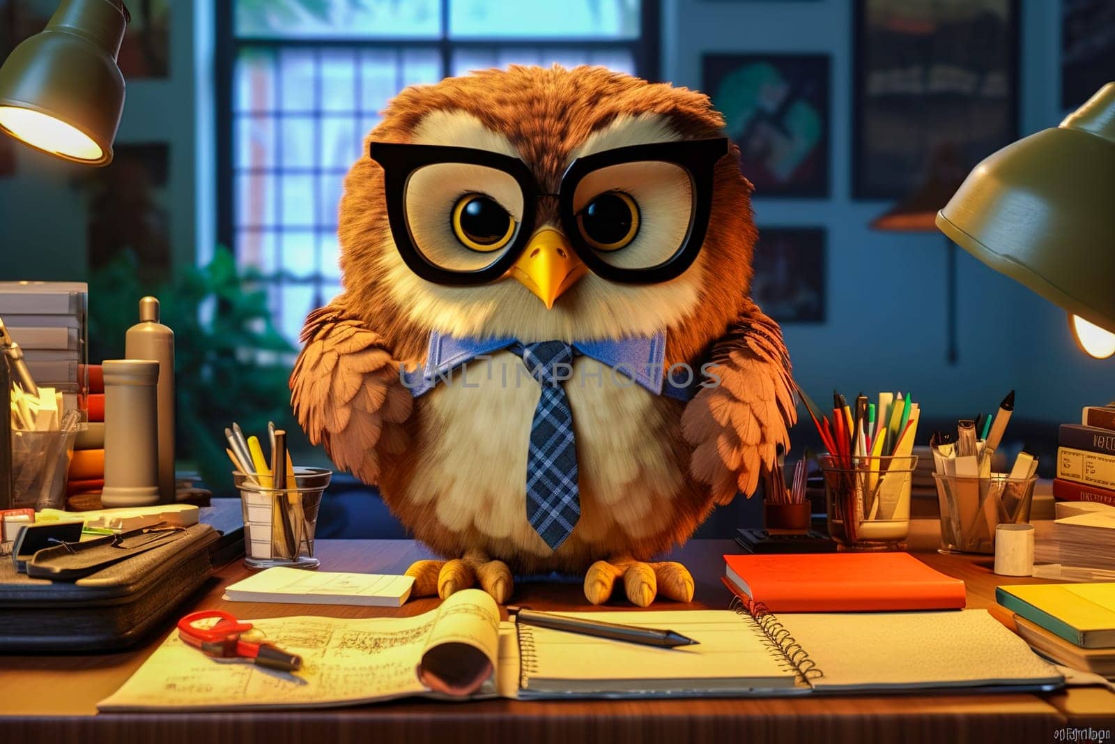 Illustration of an owl with school supplies. The concept of school education. Generative AI. High quality illustration by Yurich32
