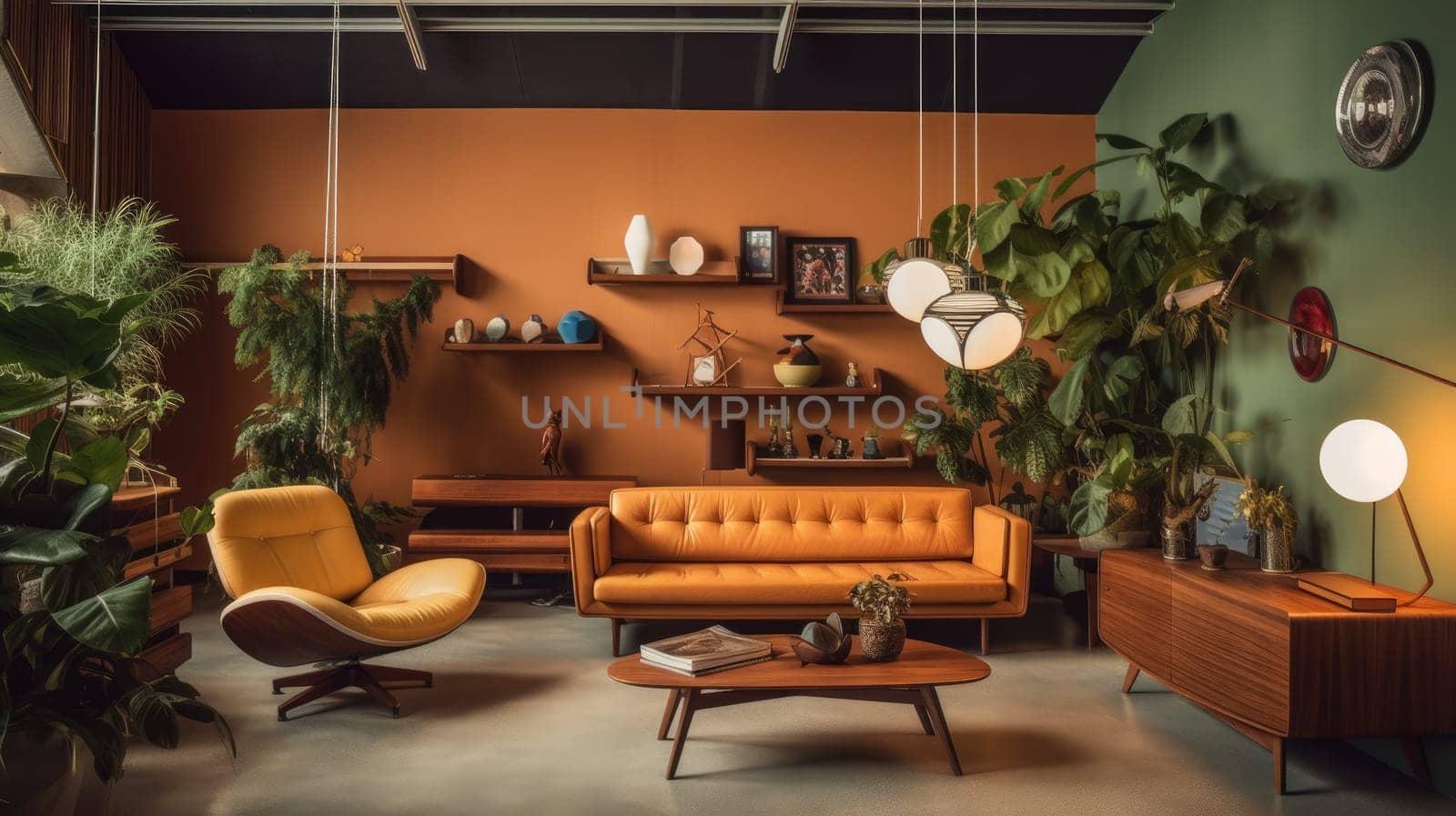 Inspiring office interior design Mid-century style Lounge featuring Iconic designs architecture. Generative AI AIG 31.