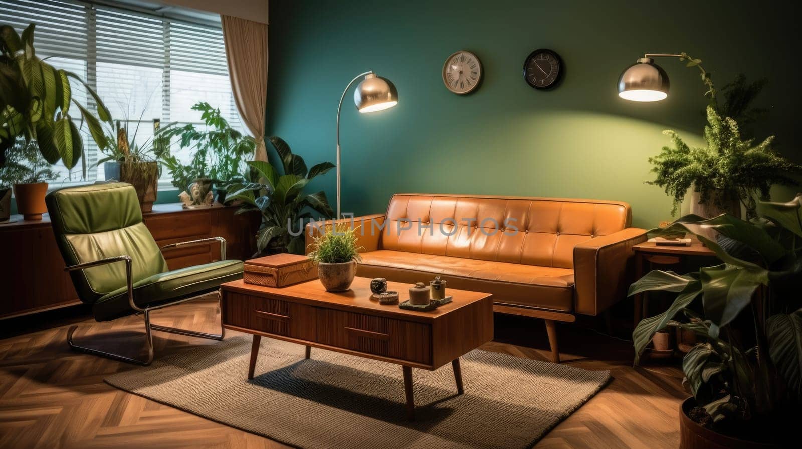 Inspiring office interior design Mid-century style Lounge featuring Retro elements architecture. Generative AI AIG 31.