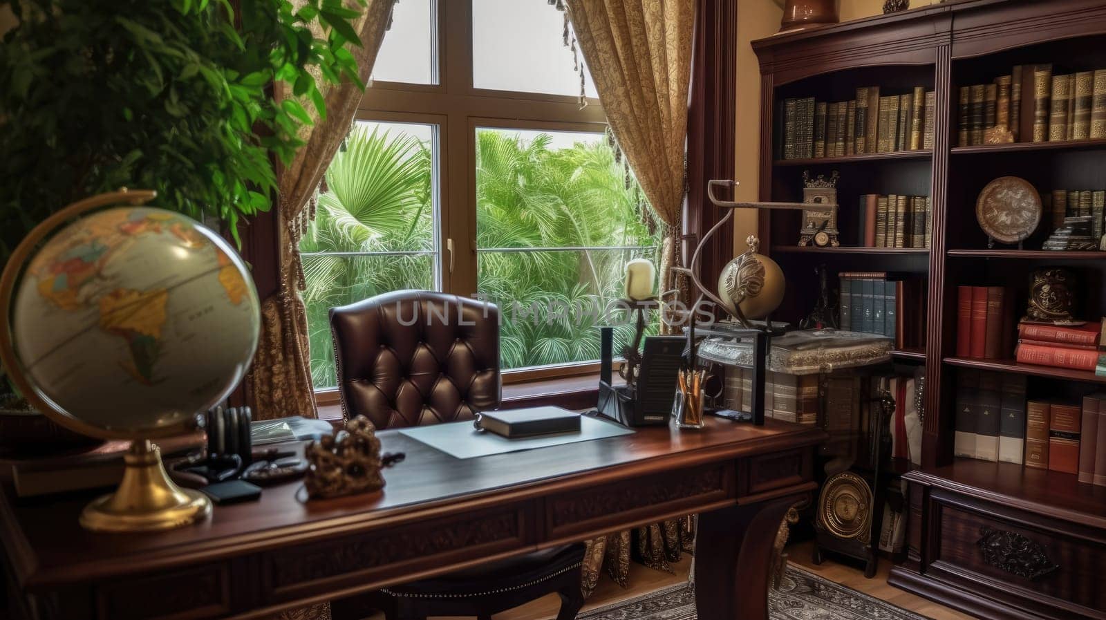 Inspiring office interior design Traditional style Study room featuring Antique furniture architecture. Generative AI AIG 31.