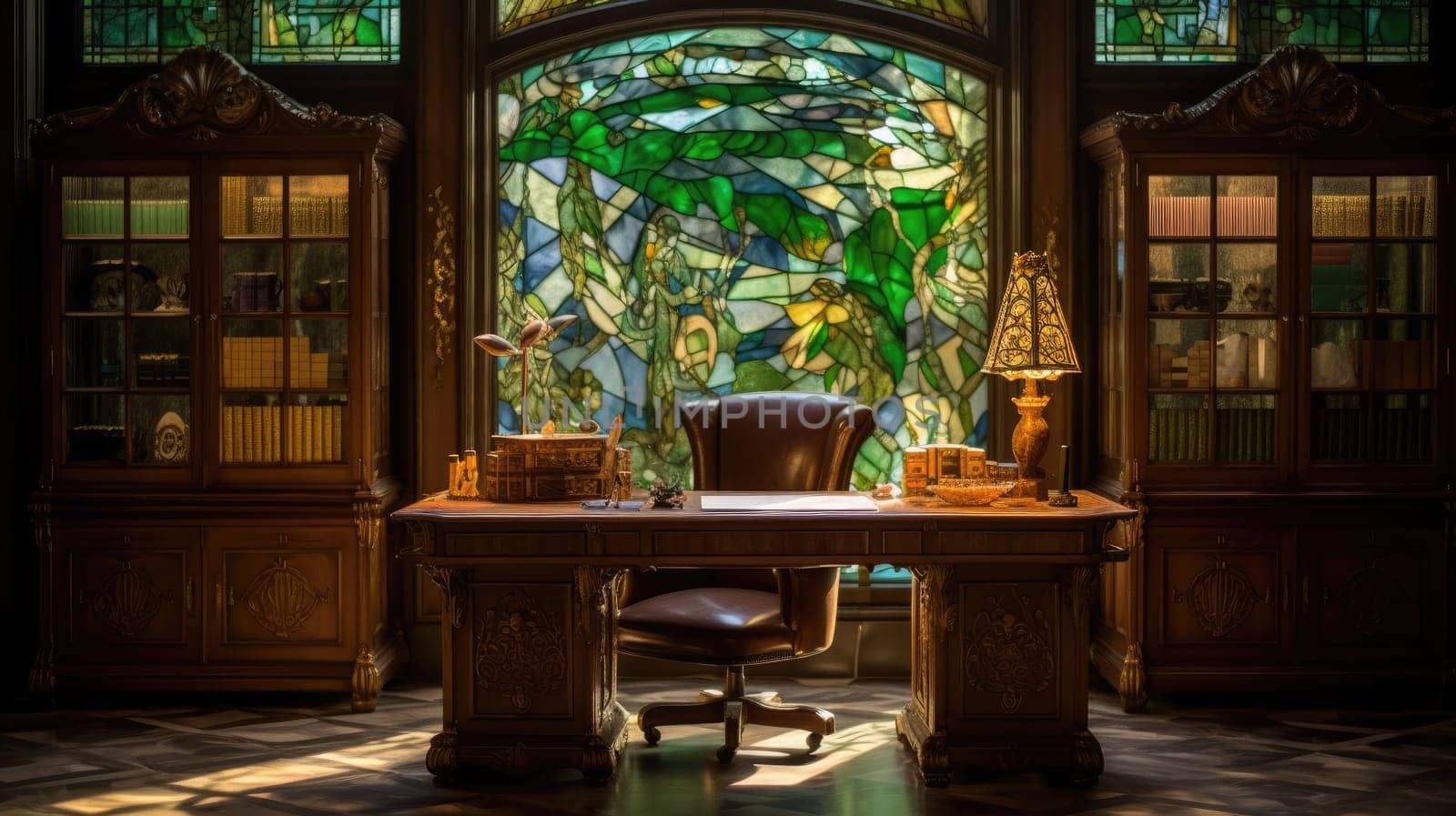Inspiring office interior design Art Nouveau style Executive office featuring Stained glass architecture. Generative AI AIG 31.