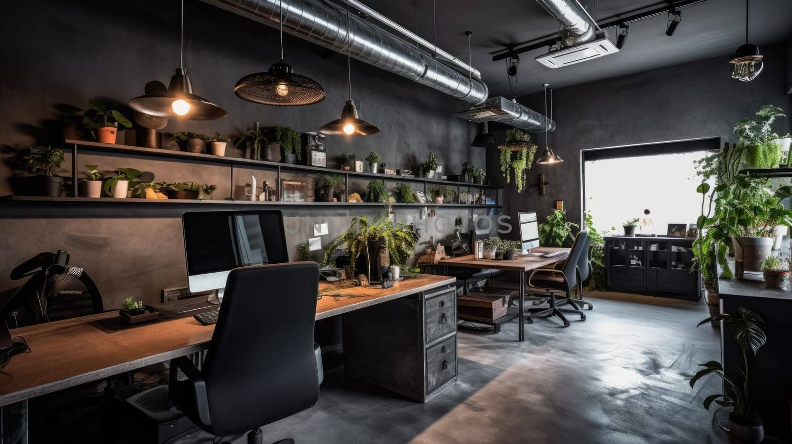 Inspiring office interior design Industrial style Office featuring Exposed pipes architecture. Generative AI AIG 31.