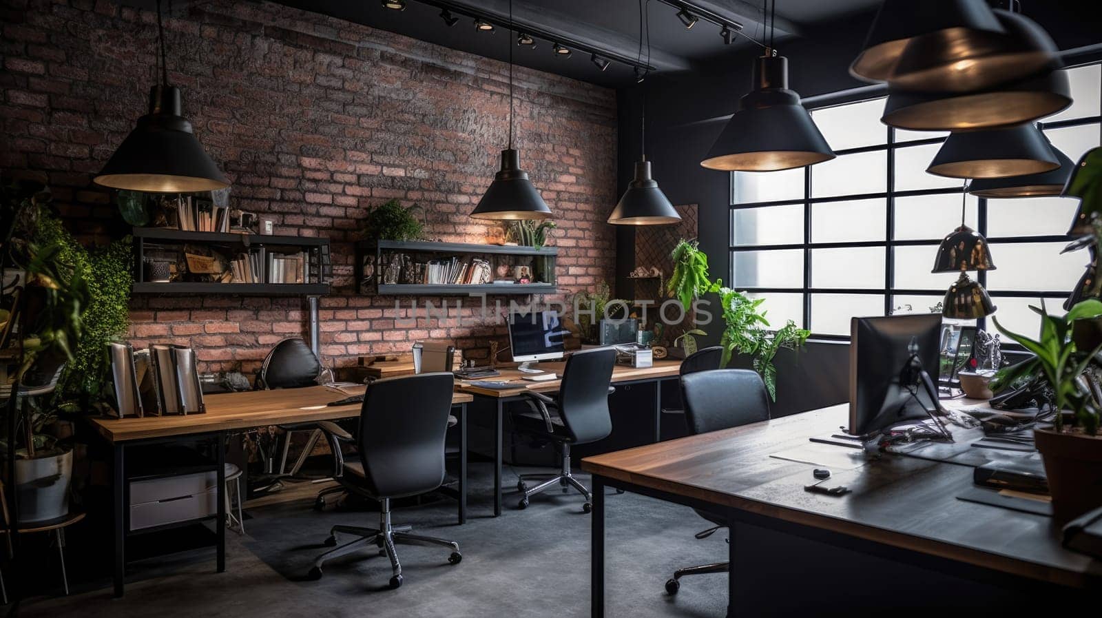 Inspiring office interior design Industrial style Office featuring Exposed bricks architecture. Generative AI AIG 31.