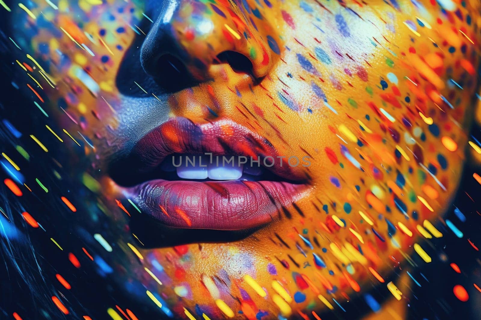 A close-up of a beautiful glitchcore female face is captured in a vibrantly surreal fashion photography style. Generative AI AIG27.