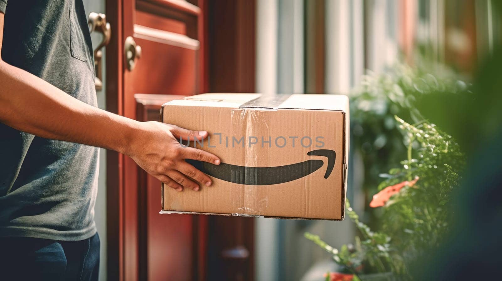 Faceless delivery man holding Amazon prime cardbox parcel box blurred street background. Generative ai