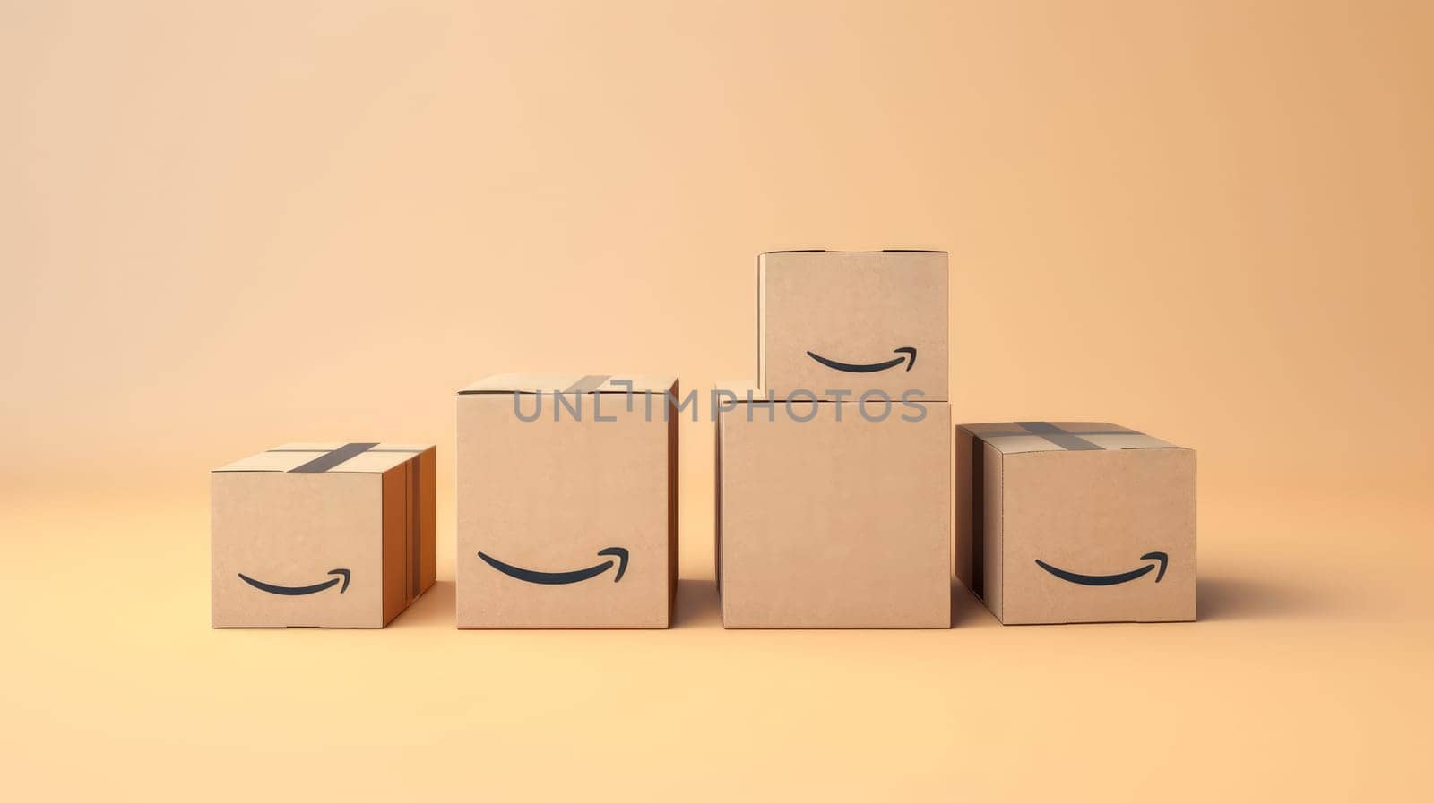 Pile of Amazon Prime cardboard boxes packages on yellow background. Generative Ai
