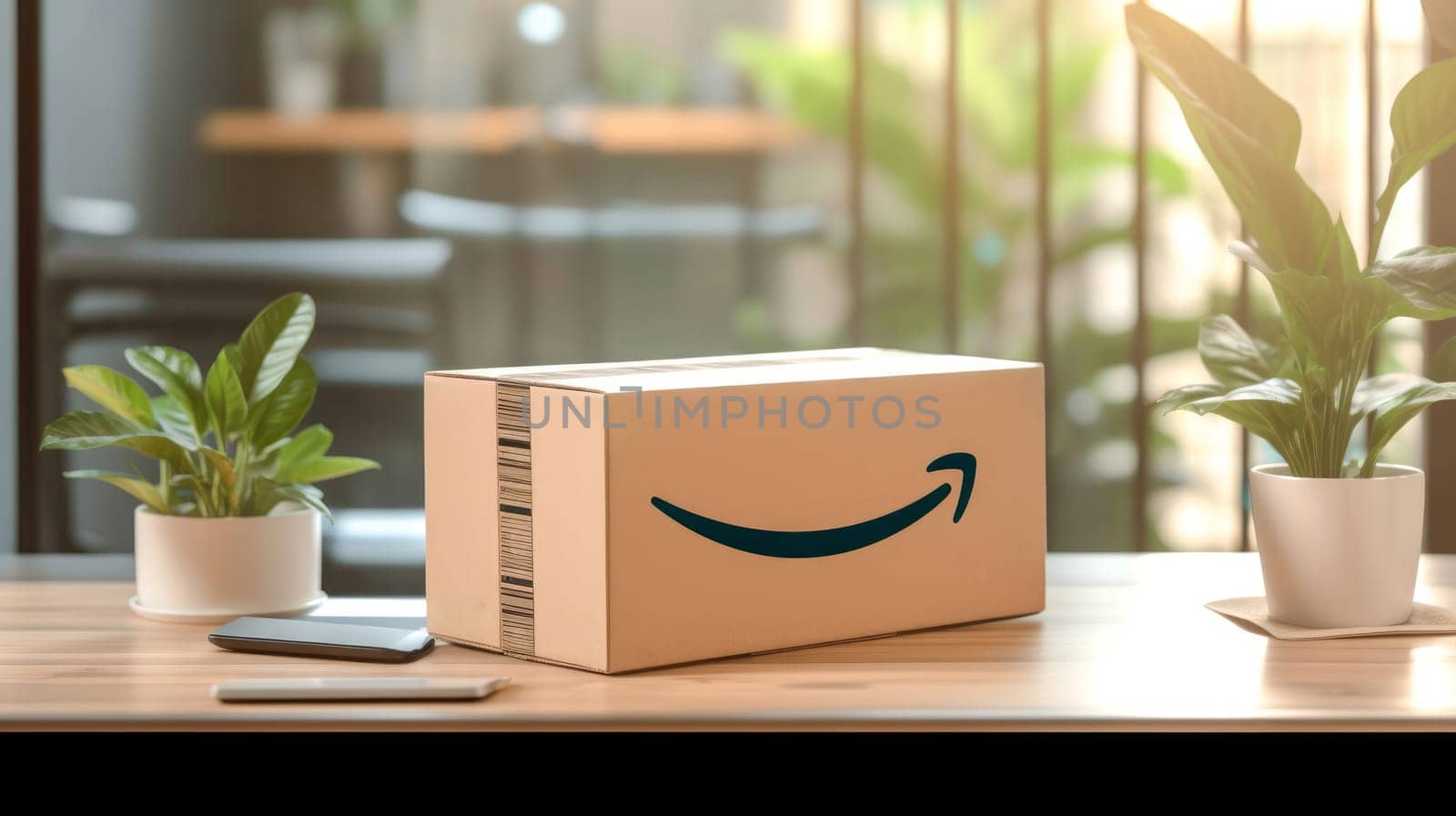 Delivered parcel box on table with blurred home background. Amazon Prime shopping. Generative Ai