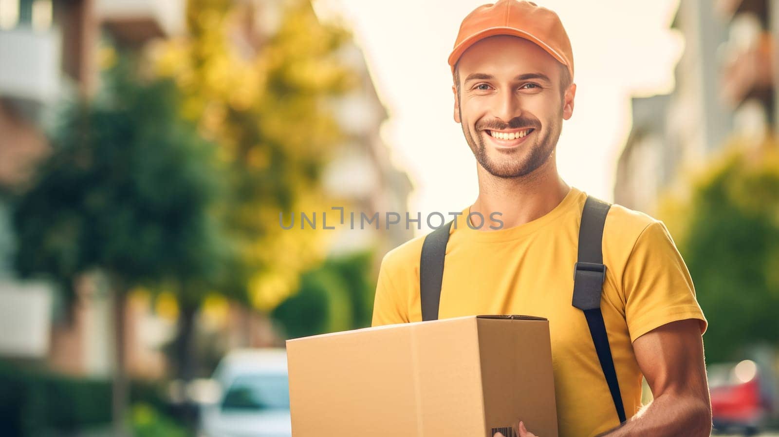 Smiling delivery man holding cardbox parcel box looking at camera blurred street background. Generative ai