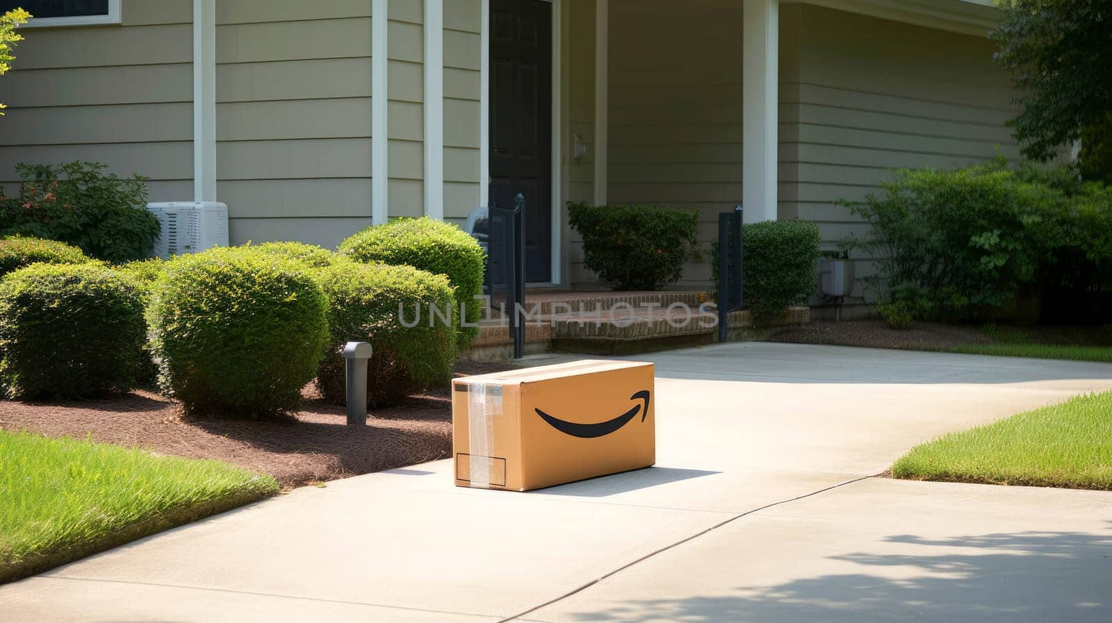 Delivered parcel box on door mat near entrance. Amazon Prime shopping. Generative Ai