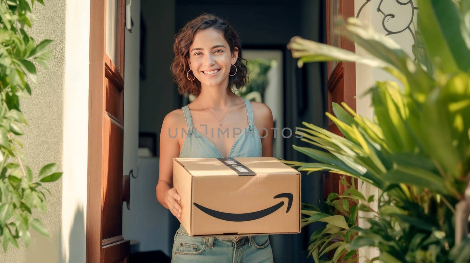 Smiling woman holding Amazon Prime cardboard parcel box against front door house entrance. Black Friday sale. Online shopping. Generative ai