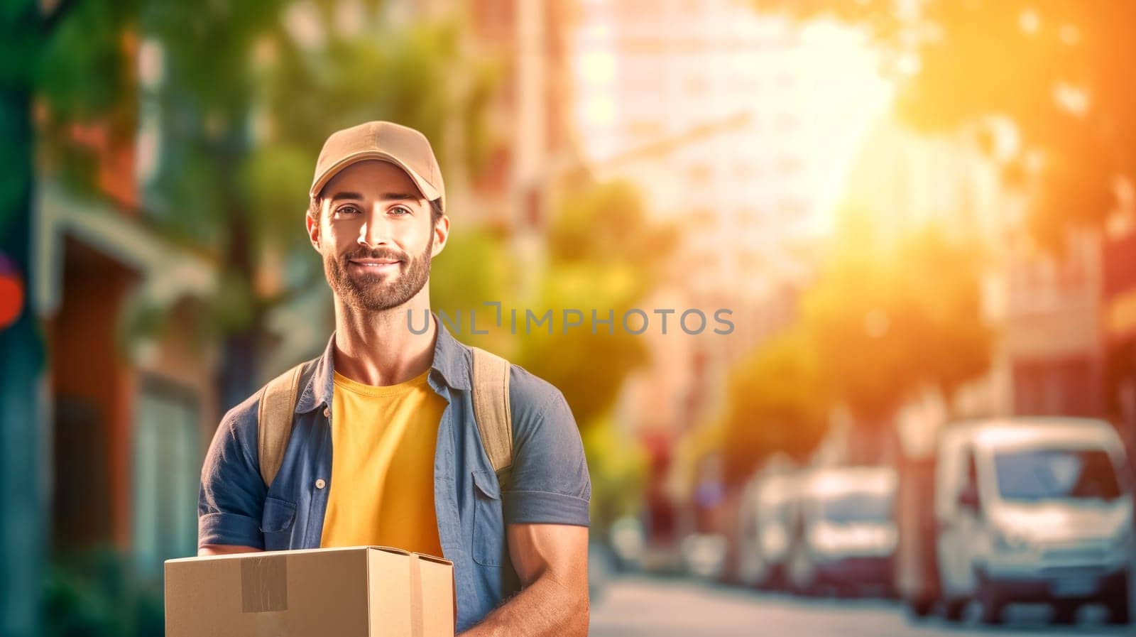 Smiling delivery man holding cardbox parcel box looking at camera blurred street background. Generative ai