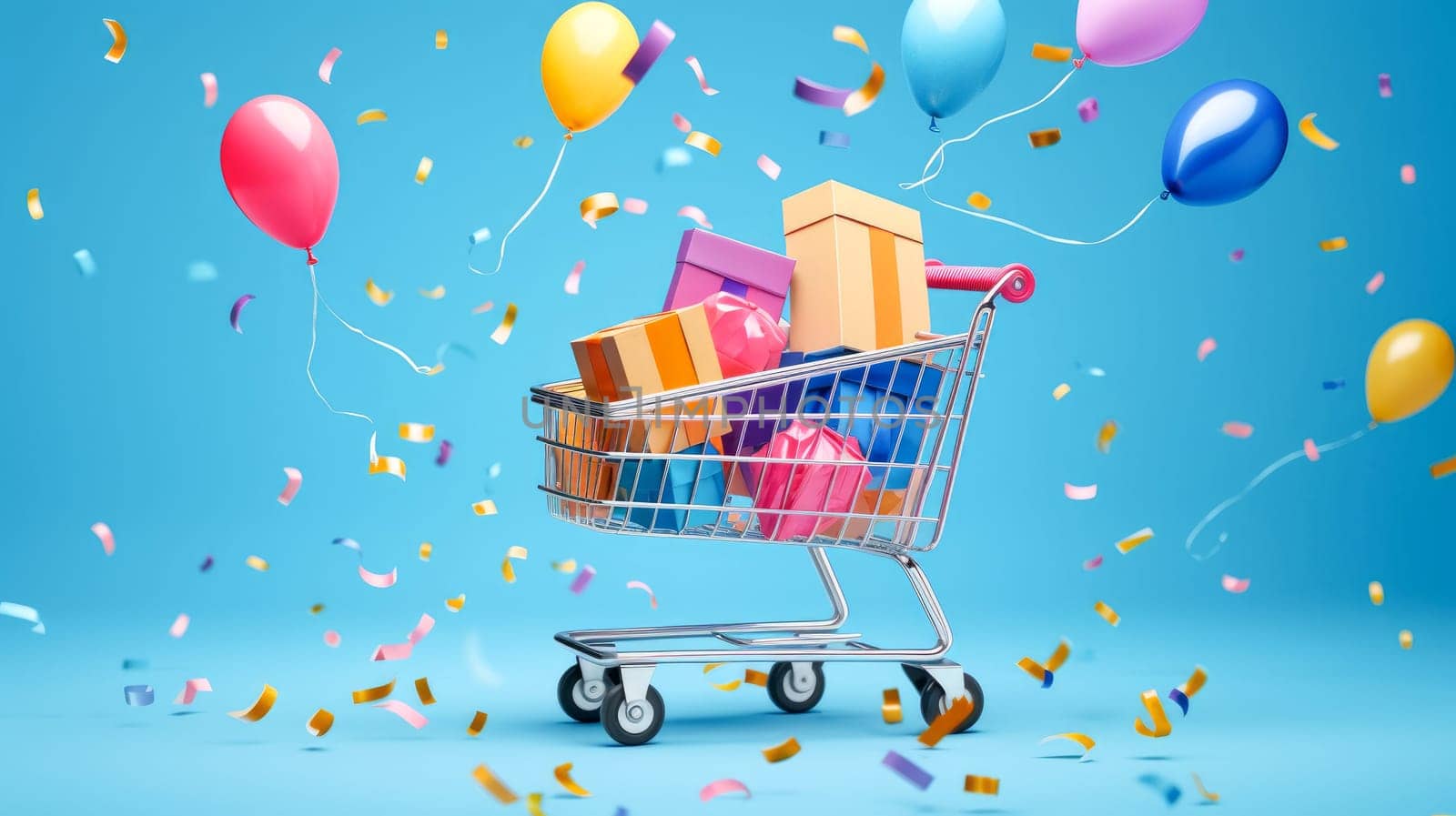 Shopping cart full of colorful gift boxes on blue background with confetti. Black Friday sale. Online shopping. Generative ai