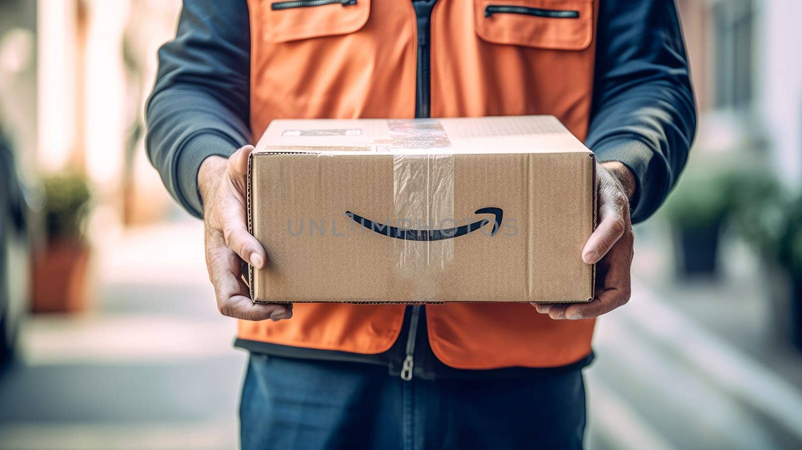 Faceless delivery man holding Amazon prime cardbox parcel box looking at camera blurred street background. Generative ai