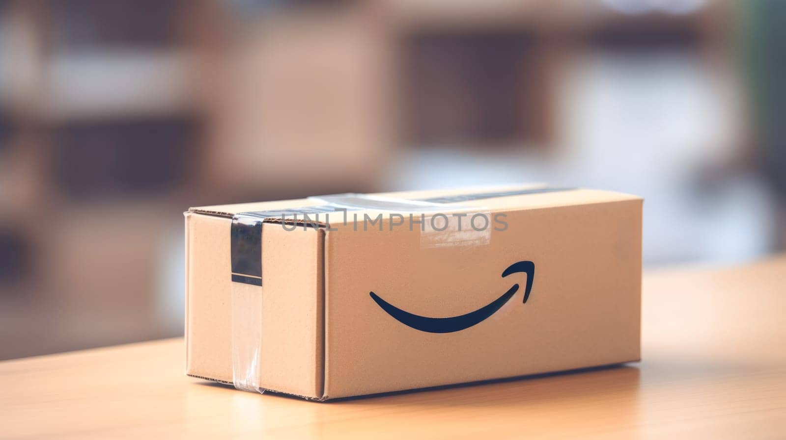 Delivered parcel box on table with blurred home background. Amazon Prime shopping. Generative Ai