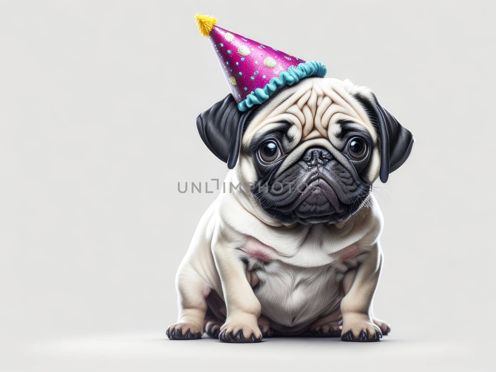Cute funny pug puppy wearing birthday hat on white background. Generative Ai