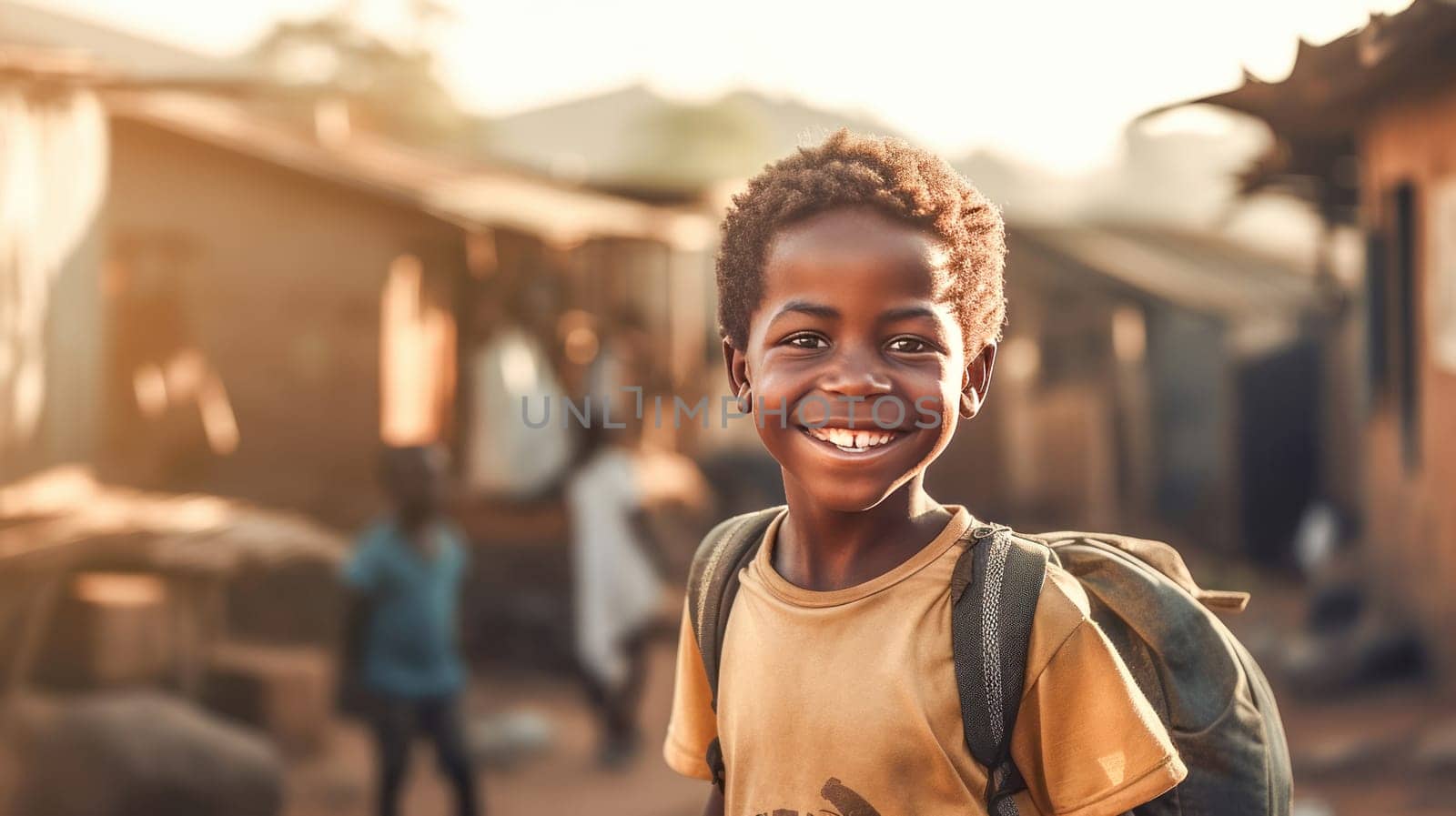 Happy smiling African kid with backpack is looking to the camera and walking to school on the dusty street. Back to school. Generative ai