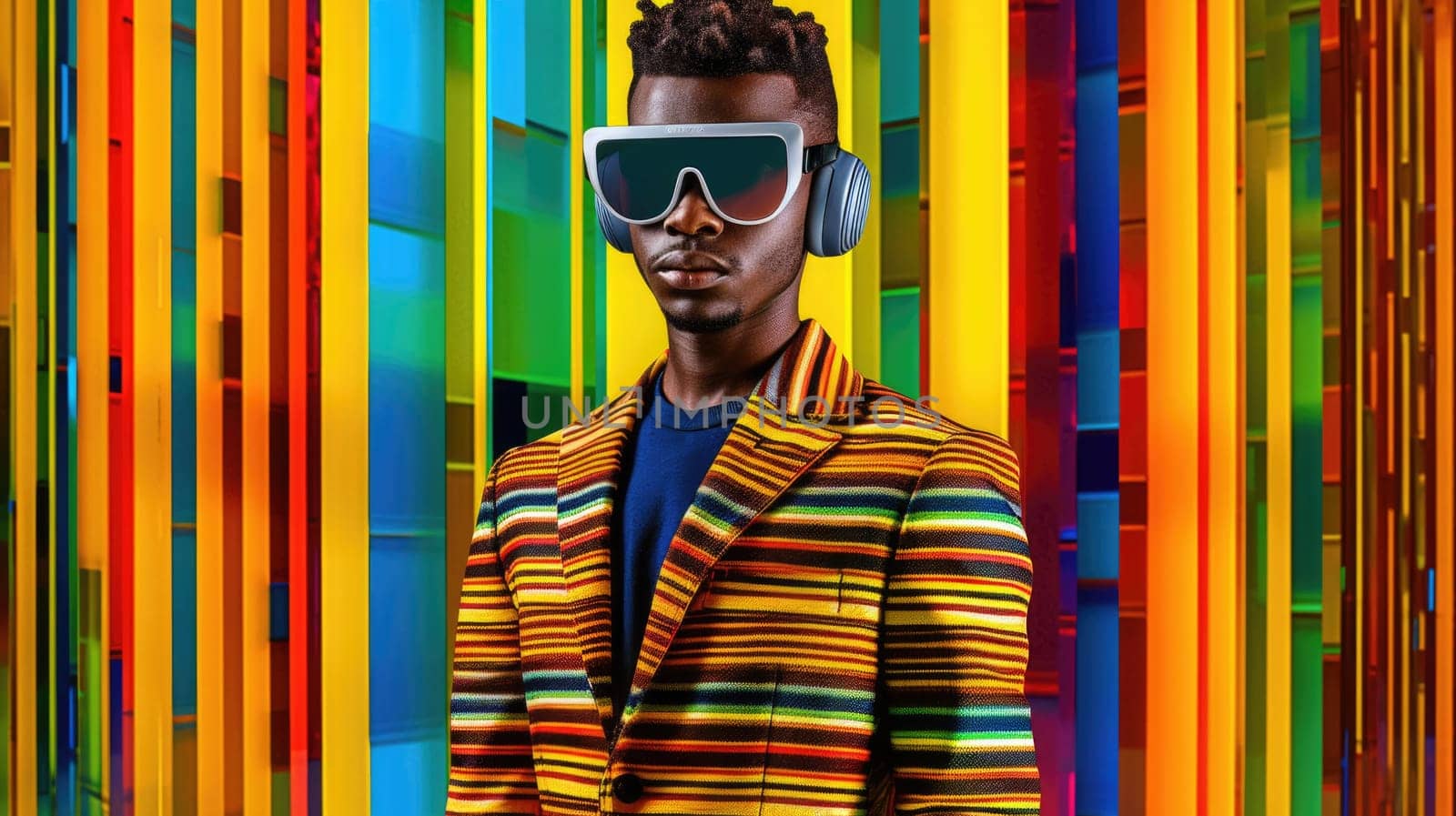 Young male model posing with trendy man fashion outfit and colorful optical art abstract background. Picturesque generative AI