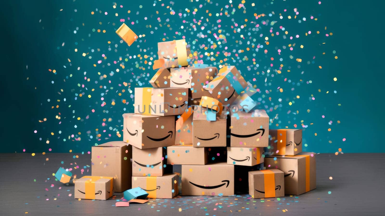 Pile of Amazon Prime cardboard boxes packages on blue background with festive cofetti. Generative Ai