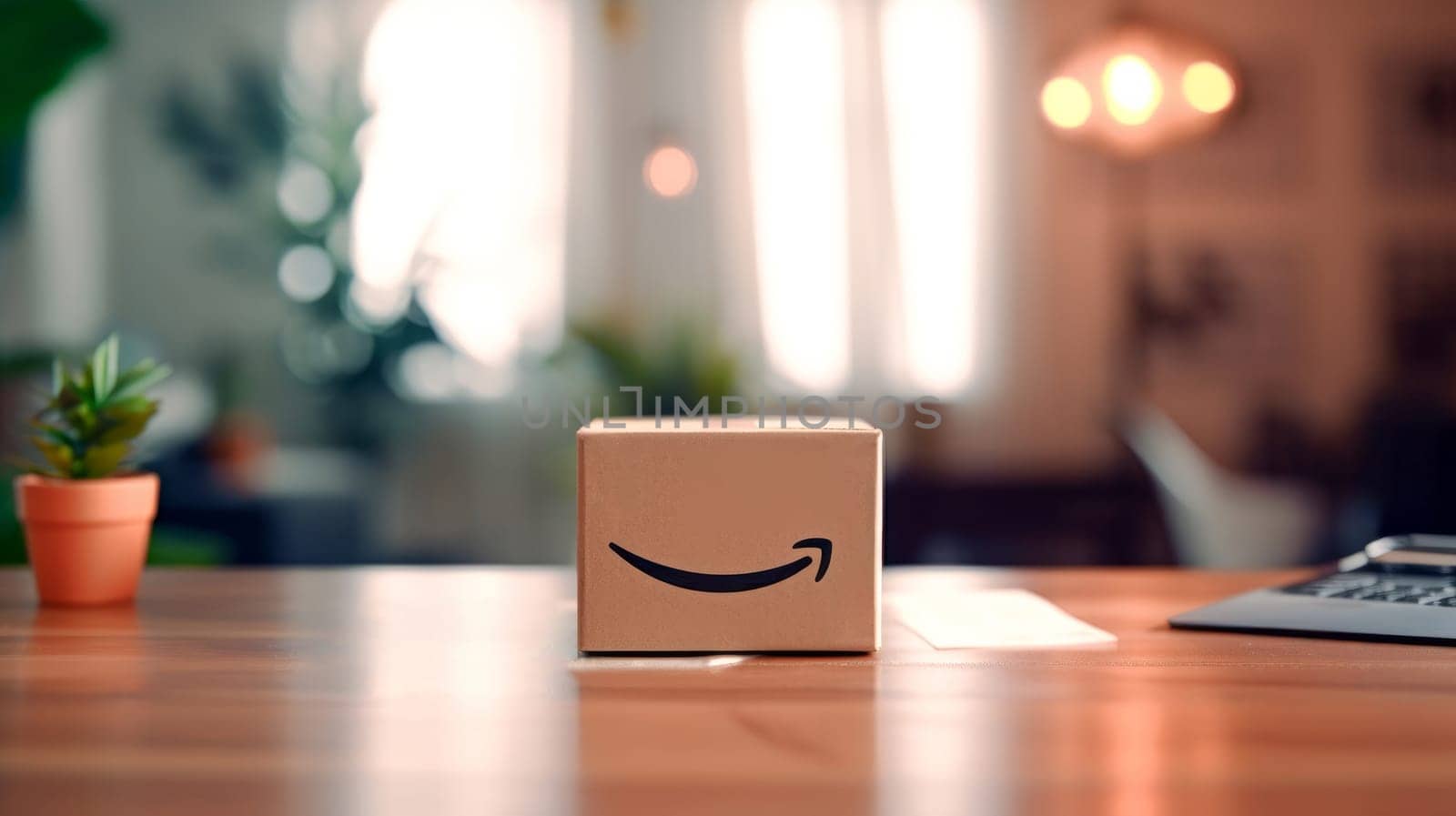 Delivered parcel box on table with blurred home background. Amazon Prime shopping. Generative Ai