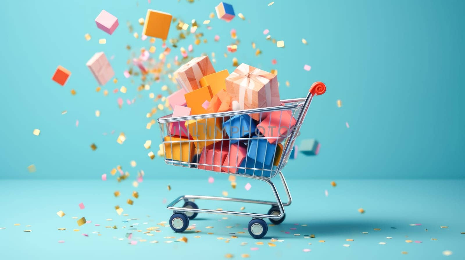 Shopping cart full of colorful gift boxes on blue background with confetti. Black Friday sale. Online shopping. Generative ai
