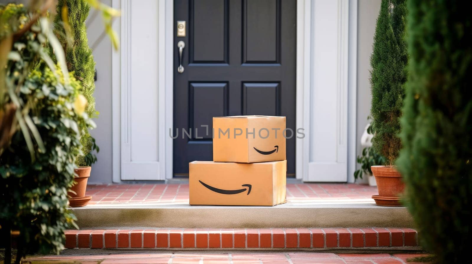 Delivered parcel box on door mat near entrance. Amazon Prime shopping. Generative Ai
