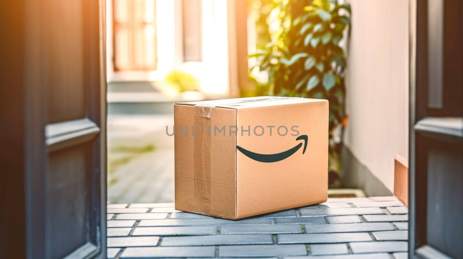 Delivered parcel box on door mat near entrance. Amazon Prime shopping. Generative Ai