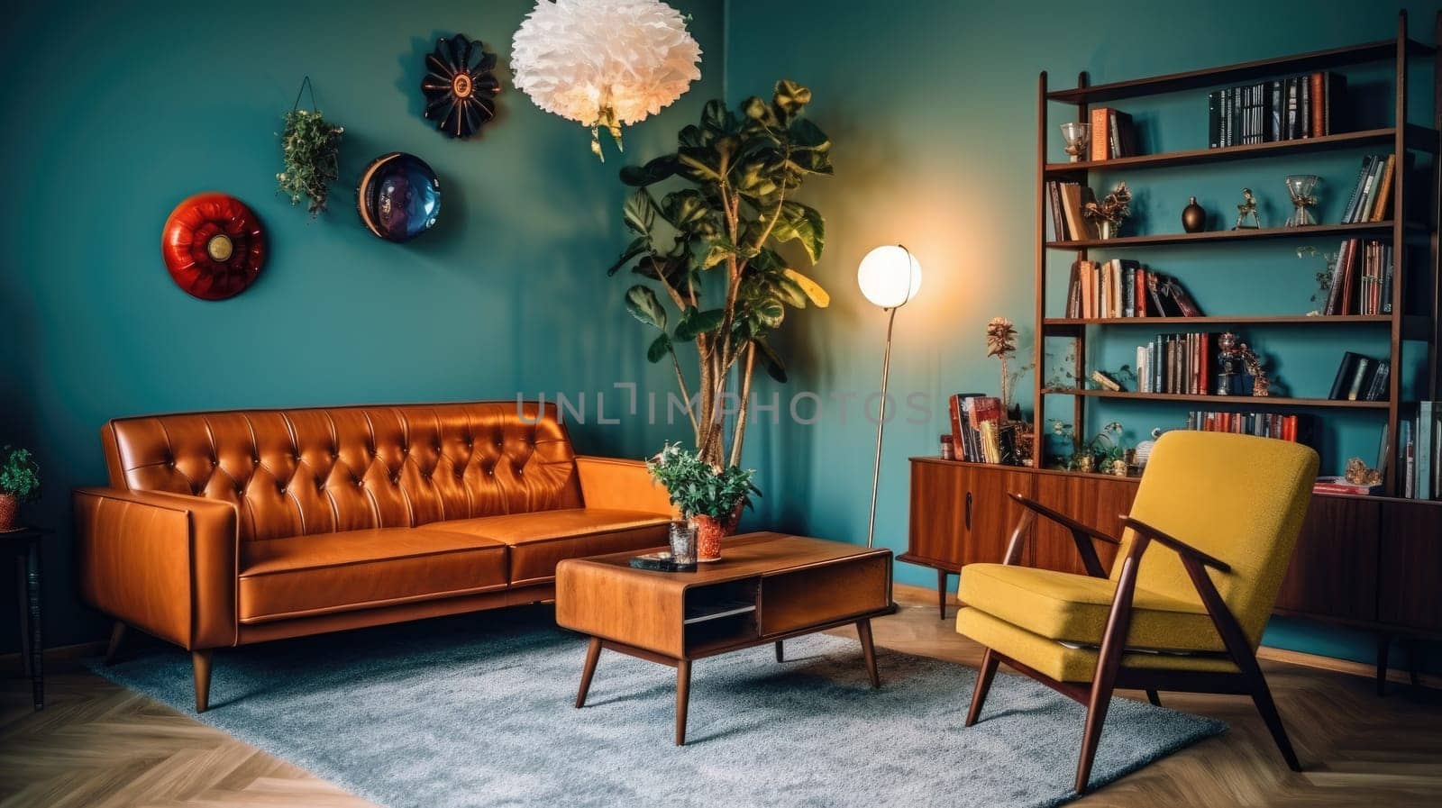 Inspiring office interior design Mid-century style Lounge featuring Retro furniture architecture. Generative AI AIG 31.