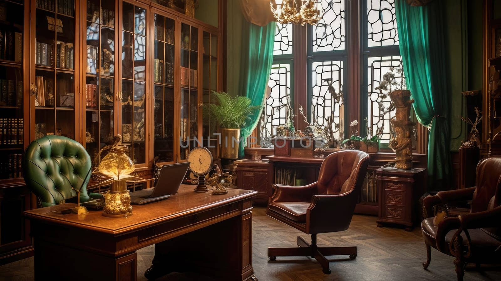 Inspiring office interior design Art Nouveau style Executive office featuring Stained glass architecture. Generative AI AIG 31.