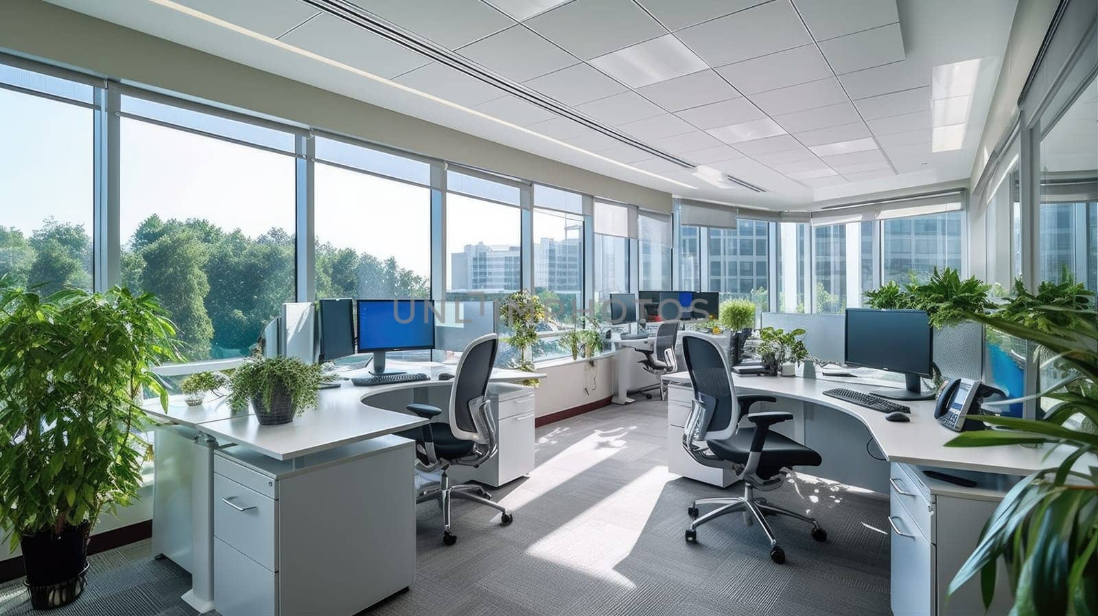 Inspiring office interior design Modern style Corporate Office featuring Expansive windows architecture. Generative AI AIG 31.