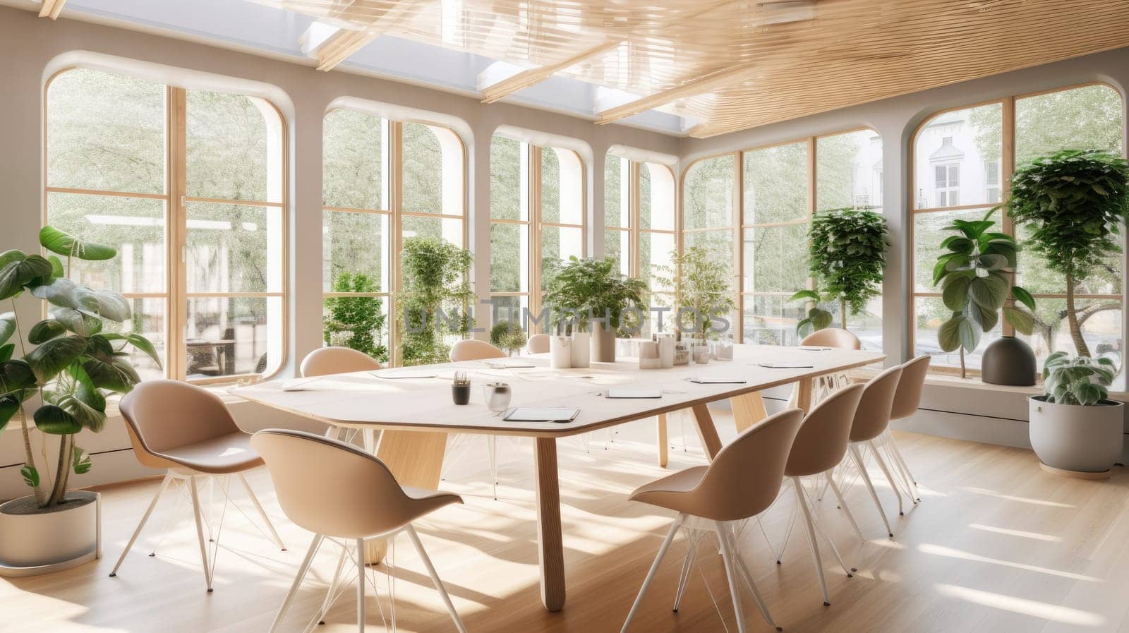 Inspiring office interior design Scandinavian style Meeting room featuring Large windows architecture. Generative AI AIG 31.