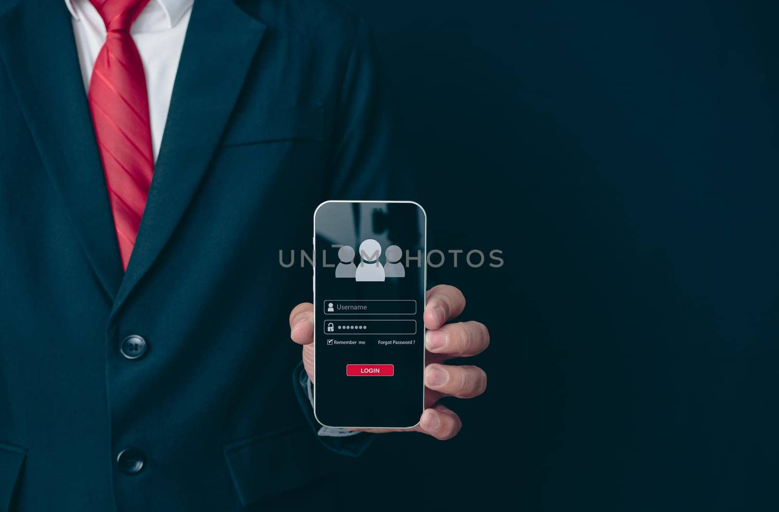 Login. A businessman's finger is holding a phone. Represents protection against external hacks. Concept of protection against code, viruses, firmware, and malware.