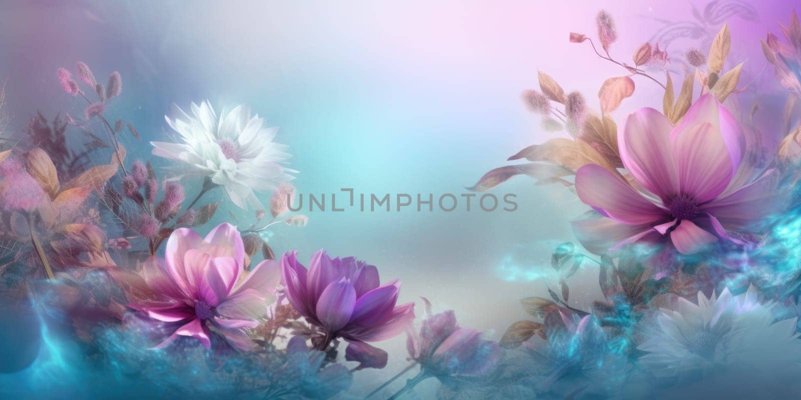 beautiful abstract turquoise purple beige misty morning photo floral design background banner. generative ai AIG32 by biancoblue