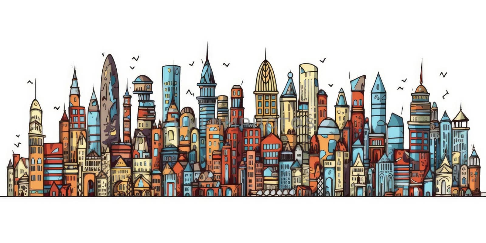 city skyline simple doodle color cartoon on white background. generative ai AIG32 by biancoblue