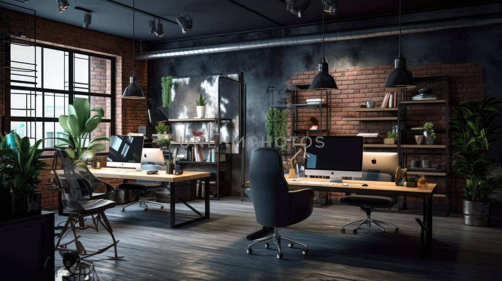 Inspiring office interior design Industrial style Office featuring Exposed bricks architecture. Generative AI AIG 31.